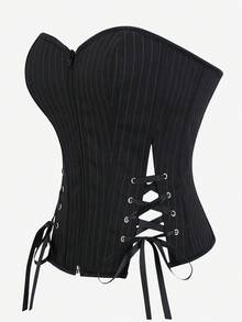 Women's Thin Striped Bandeau Waist-Cinching Top, Side Lace-Up Front Zipper Bustier Cropped Top, Gothic Vintage Cinched Waist, Party Nightclub Outfit, Streetwear Style, Halloween Costume - Black - View 7