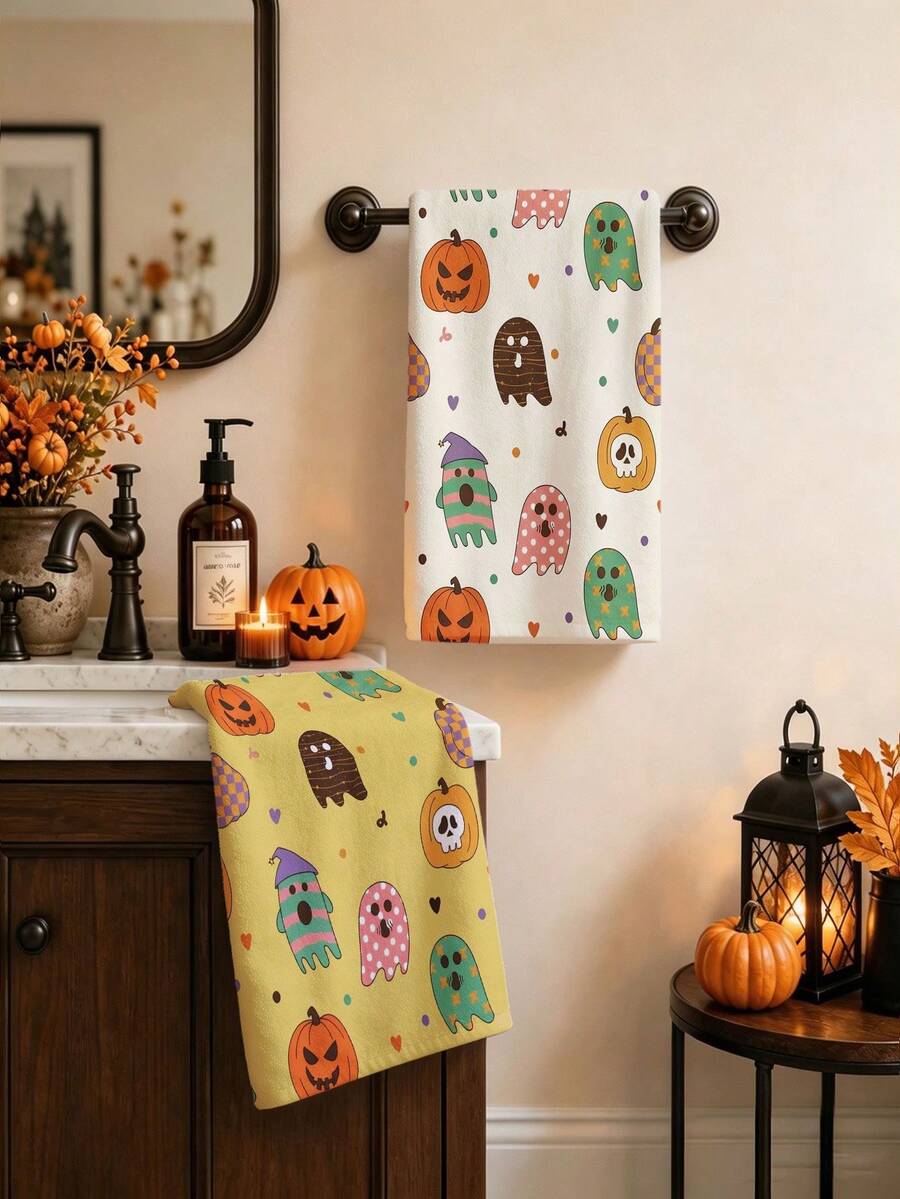 2 Packs Retro Cartoon Ghost & Pumpkin Halloween Hand Towels, Soft Printed Absorbent Kitchen Dish Tea Towels For Home Party Decoration - A - View 1