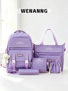 5-Piece Back To School Backpack Set, Classic Basic Style, Large Capacity Multi-Piece Set Backpack + Tote Bag + Crossbody Bag + Pencil Case + Coin Purse, With Laptop Compartment, Casual Fashion Multifunctional Backpack And Wallet - Purple - View 12