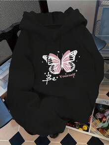 Damen-Winterbekleidung,Gemusterter Hoodie,Schulbekleidung,Damenkleid mit Schmetterlingsdruck"Sei du selbst"Kapuzenpullover - Bequemer Pullover mit Kängurutasche. - Schwarz - Übersicht 7