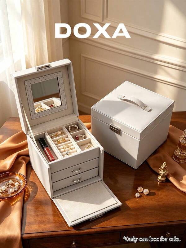 Caja de almacenamiento de joyas de gran capacidad, Caja de almacenamiento de joyas DOXA con superficie lisa, con cerradura y espejo, Caja de regalo para anillos, pendientes, collares