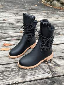 New Stylish Ankle Boots Solid Color Casual Lace-Up Women's Boots Fashion Versatile Slim Boots Vacation Style Casual Ankle Boots, Rivet Lace-Up Fashion Punk Style Ankle Boots, Suitable For All Weather And Any Occasion - Black - View 2