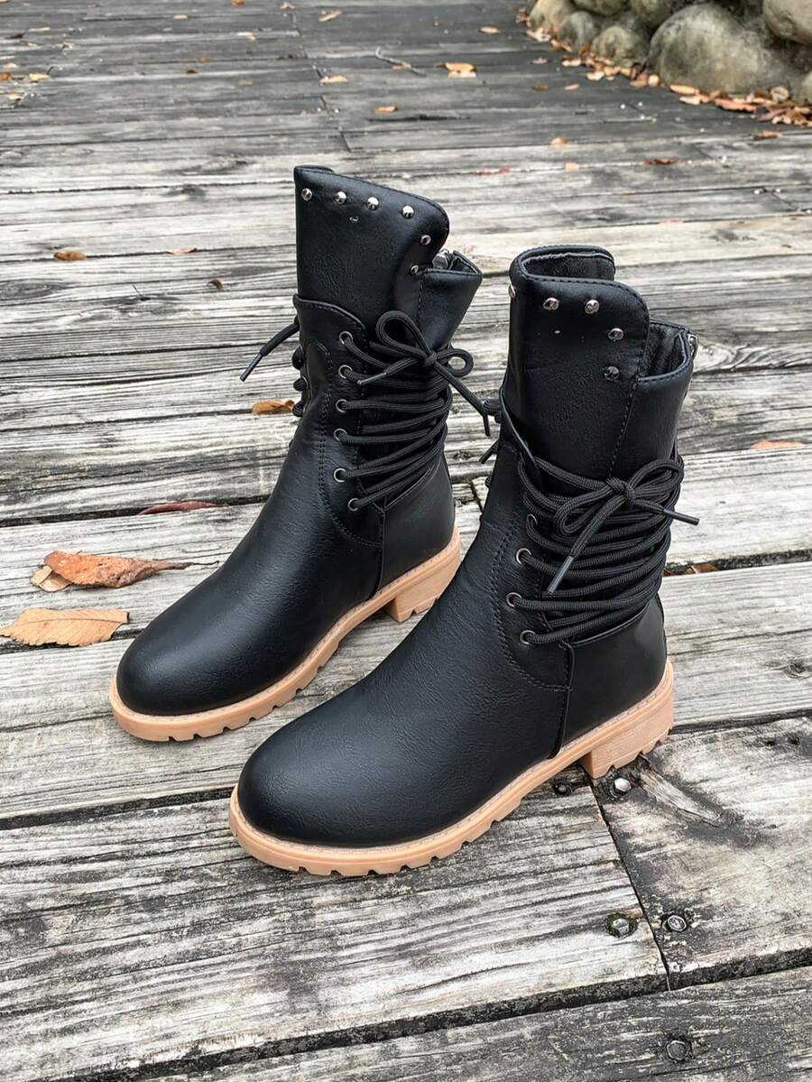 New Stylish Ankle Boots Solid Color Casual Lace-Up Women's Boots Fashion Versatile Slim Boots Vacation Style Casual Ankle Boots, Rivet Lace-Up Fashion Punk Style Ankle Boots, Suitable For All Weather And Any Occasion