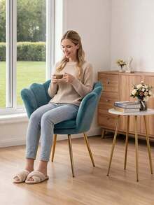 WAHSON OFFICE CHAIRS 1PC Wahson Velvet Armchair Armchair With Gold Legs, Comfortable Bedroom Armchair Relax Chair For Living Room/Bedroom - 藍色 - 查看 2