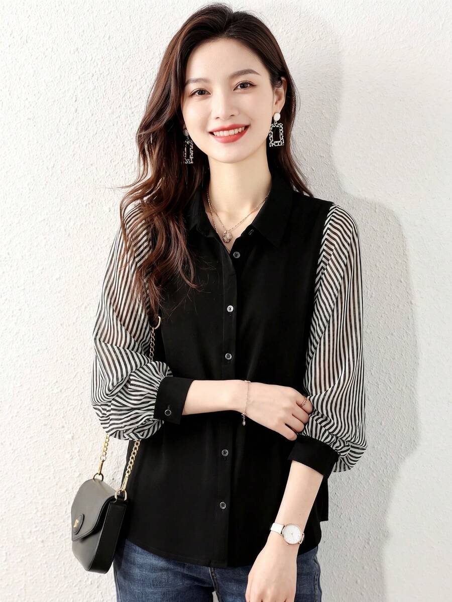 YUXIN 春夏韩版条纹拼接衬衫，灯笼袖雪纺拼接，宽松版型，休闲日常女装