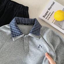 Sweatshirt Kasual Anak Laki-Laki, Gaya Musim Gugur Terbaru, Atasan Kerah Kotak-kotak 2 in 1 untuk Anak, Kemeja Polo Serbaguna, - Grey - View 5