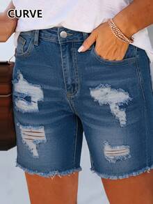 Plus Size Tight-Fitting Bodycon Ultra Short Denim Hot Pants, Sexy Casual Versatile For Summer - Medium Wash - View 2