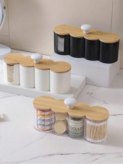 1pc 4-In-1 Cotton Pad Storage Box & Cotton Swab Dispenser, Multi-Functional Vanity Organizer With Wooden Dust Cover, 4-Compartment Cosmetic Storage Container For Cotton Balls, Cotton Swabs And Sponges, Desktop Organizer