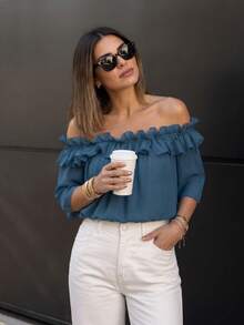 1pc Women's New Solid Color Chiffon Puff Sleeve Off Shoulder Blouse, Pleated Ruffle Trim, Casual Wear For Spring/Summer, Vacation, Date, Travel - Blue - View 4