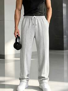 Men's Grey Loose Wide Leg Sweatpants, Casual Lounge Pants, Front Seam Design, Drawstring Waist, Side Pockets Sports Fall - Light Grey - View 1
