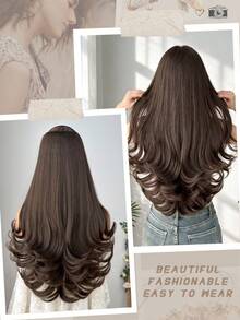 Ekstensi Rambut Jepit Bentuk V HEYPINK, Rambut Bergelombang Panjang 24 Inci, Serat Sintetis Tahan Panas, Cocok Untuk Wanita Dan Anak Perempuan Untuk Pesta Dan Penggunaan Sehari-hari - Dark Brown - View 7