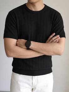 Black 3D Vertical Striped Short Sleeve Knit Sweater For Men, Ribbed Texture Crew Neck Design, Mature Business Casual Basic Top - Black - View 2
