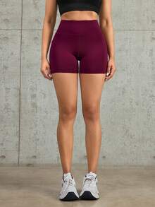 1pc Fashion New Wide Waistband Non-Curling Shaping Sports Shorts, With Phone Storage Pocket, Soft Elastic Fabric, Gym Training, Daily Wear Tight Leggings - Burgundy - View 5