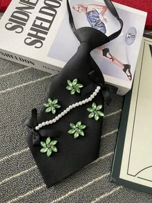 Green Rhinestone Flower Pearl Chain Black Tie-Less Necktie, Niche Personalized Women's Decorative Necktie - Green Rhinestone Floral Design - View 3