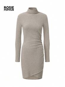 ROSIE POPHUB Women's Apricot Elegant Turtleneck Ribbed Knit Dress, Wrap Hem Bodycon Mini Dress For Office Daily Autumn Winter - Apricot - View 8