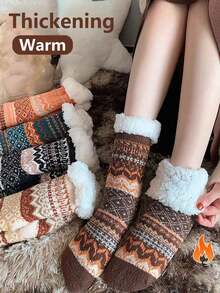 1/2 Pasang Kaos Kaki Tebal Hangat Musim Dingin, Kaos Kaki Tidur Panjang, Kaos Kaki Setengah Betis, Kaos Kaki Lantai Anti Selip Silikon, Pola Vintage Tahan Dingin untuk Rumah - MultiWarna - View 1