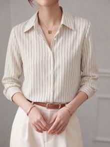 YUXIN 春秋新款女式白色條紋寬鬆時尚優雅高端長袖襯衫，設計感通勤職場顯瘦百搭襯衫 - 白色 - 查看 7