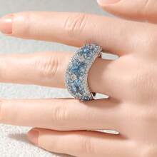 Romantic Luxury Blue Flower Full-Pave Cubic Zirconia Wide Band Ring, Elegant Bridal Wedding Banquet Accessory For Women - Silver - View 2