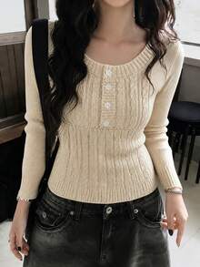 Y2K Millennium Style Girly Cable Knit Slim Fit Flattering Pale Yellow Sweater - Light Yellow - View 3