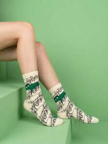 1 Pair Women's Mid-Calf Socks, Couple Socks For Men And Women, All-Season Regular Thickness, Cute Jacquard Casual Light Sports Socks, Fashion Versatile Colorful Food Animal Vegetable Pattern - Multicolor - View 4