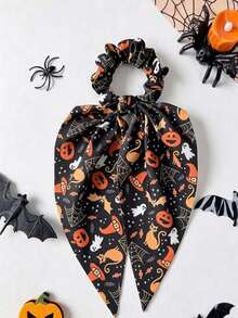 1pc Halloween Print Ribbon Bow Hair Tie, Pumpkin Spider Web Witch Pattern Hair Rope, Autumn Dark Hair Accessory, Gift For Girls - Multicolor - View 11