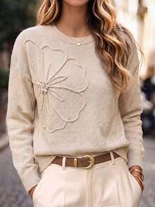 Women's Crewneck Knit Sweater Pullover, Long Sleeves And Regular Hem, Soft Slight Stretch Fabric With Statement Flower Detail Fall - Camel - View 1