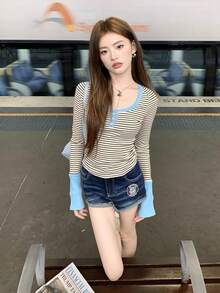 Atasan Kaos Wanita Gaya Amerika Bergaris Blok Warna Slim Fit Seksi yang Menawan - Aprikot - View 1