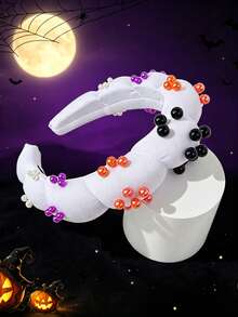 1pc/3pcs Women's Dark Girl Style Black & Orange Contrast Fabric Pumpkin Color Beaded Puff Pearl Headband - Multicolor - View 2