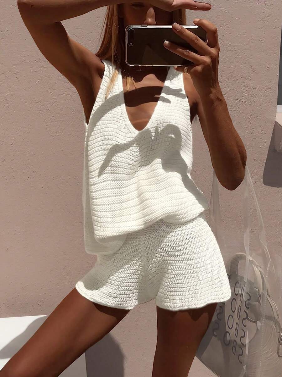 Women's Knit Sexy Top And Shorts Set, Suitable For Daily Wear, Vacation, Japanese Style White, Soft Girl - White - View 1