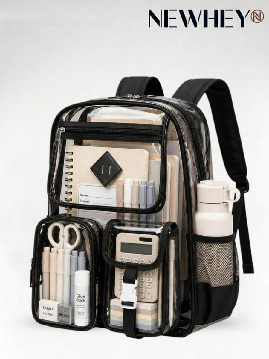 NEWHEY Men's Transparent Backpack, Heavy Duty PVC Clear Backpack, Women's Stadium Approved Clear Backpack - Black - View 1