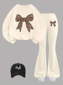 Young Girl Cartoon Bow Print Round Neck Long Sleeve Top And Flare Pants - Apricot - View 2
