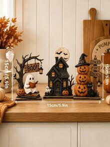 3pcs Halloween Wooden Tabletop Decor Set, Ghost Reading, Haunted House & Stacked Pumpkin Sign Ornaments, Fall Tiered Tray Home Party Decorations - Multicolor - View 6