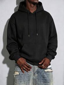 Men's All-Match Solid Color Loose Fit Hoodie, Solid Color Kangaroo Pocket Pullover, Minimalist Drawstring Metal Head Versatile Drop Shoulder, Minimalist No Print All-Match Metal Drawstring, Versatile Design For Layering And Casual Wear, Unisex - Black - View 3