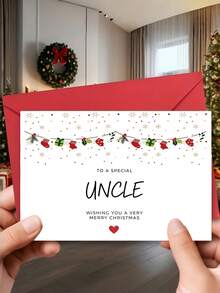 1 pieza Tarjeta de Navidad de Tío Cariñoso con Sobre, Guirnalda de Calcetines Impresa & Arte Festivo de Copos de Nieve, "Para un Tío Especial", Saludo Navideño para Familiares, Intercambio de Regalos de Vacaciones, Interior en Blanco - A - Ver 2