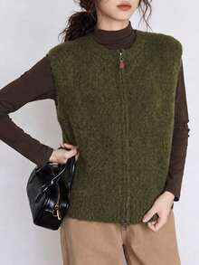 Women's Autumn Casual Minimalist Solid Color Zipper Design Cardigan Sweater Vest Fall - Dark Green - View 3