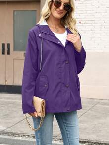 Plus Size Hooded Cinched Waist Long Sleeve Pockets Jacket For New Year Clothes Fall Winter Cloth For Women Autumn - Purple - View 5