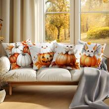 4pcs Halloween Pumpkin Decorative Pattern Single-Sided Printed Pillow Covers/Cushion Covers, Multi-Scene Atmosphere Decoration Pillow Covers Suitable For Living Room, Sofa, Bedroom, Without Pillow Insert - Multicolor - View 6