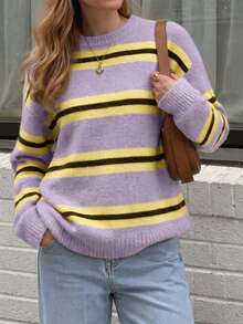 Women's Colorblock Striped Crew Neck Long Sleeve Drop Shoulder Loose Knit Pullover - Lilac Purple - View 2