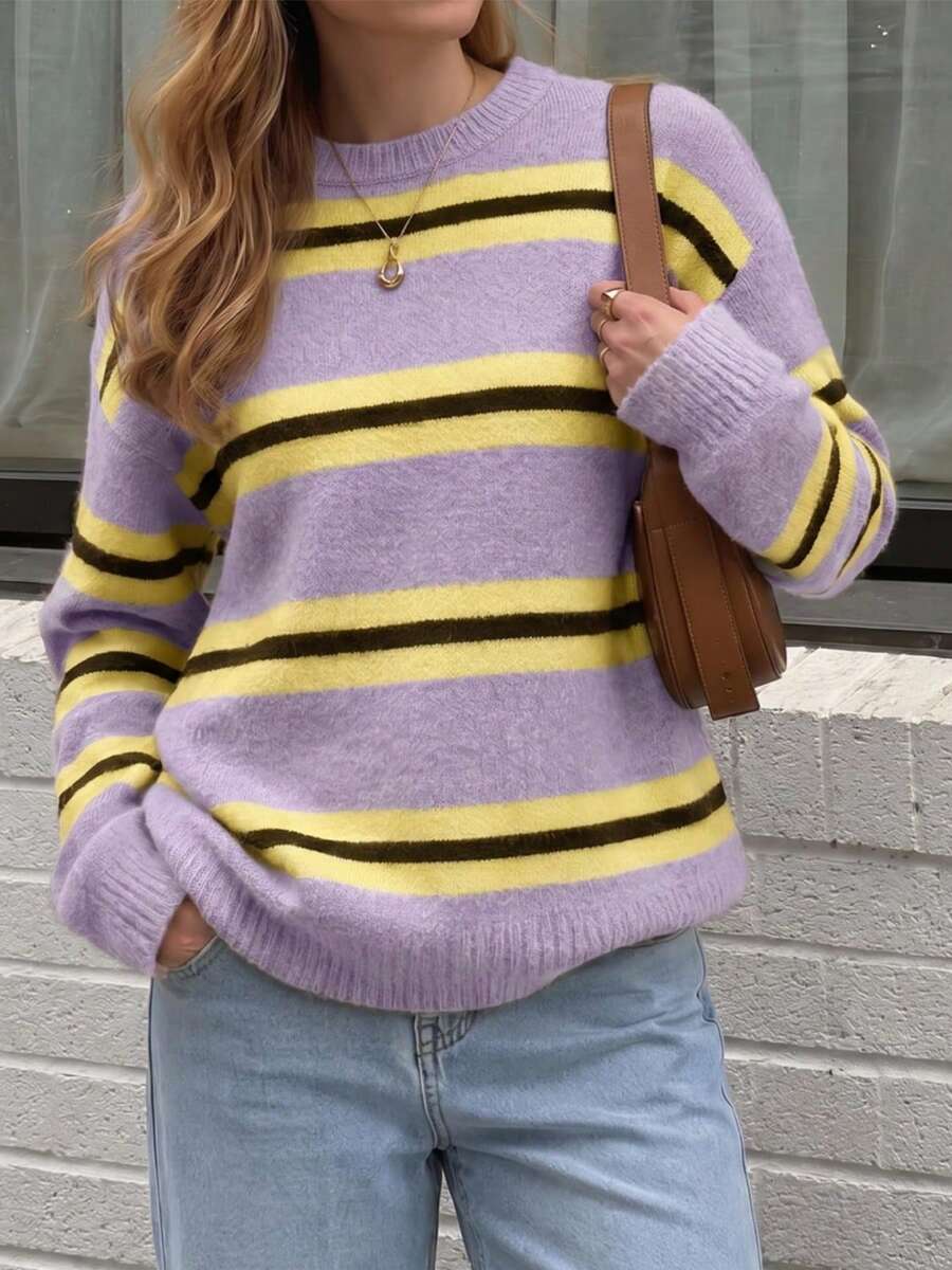 Women's Colorblock Striped Crew Neck Long Sleeve Drop Shoulder Loose Knit Pullover