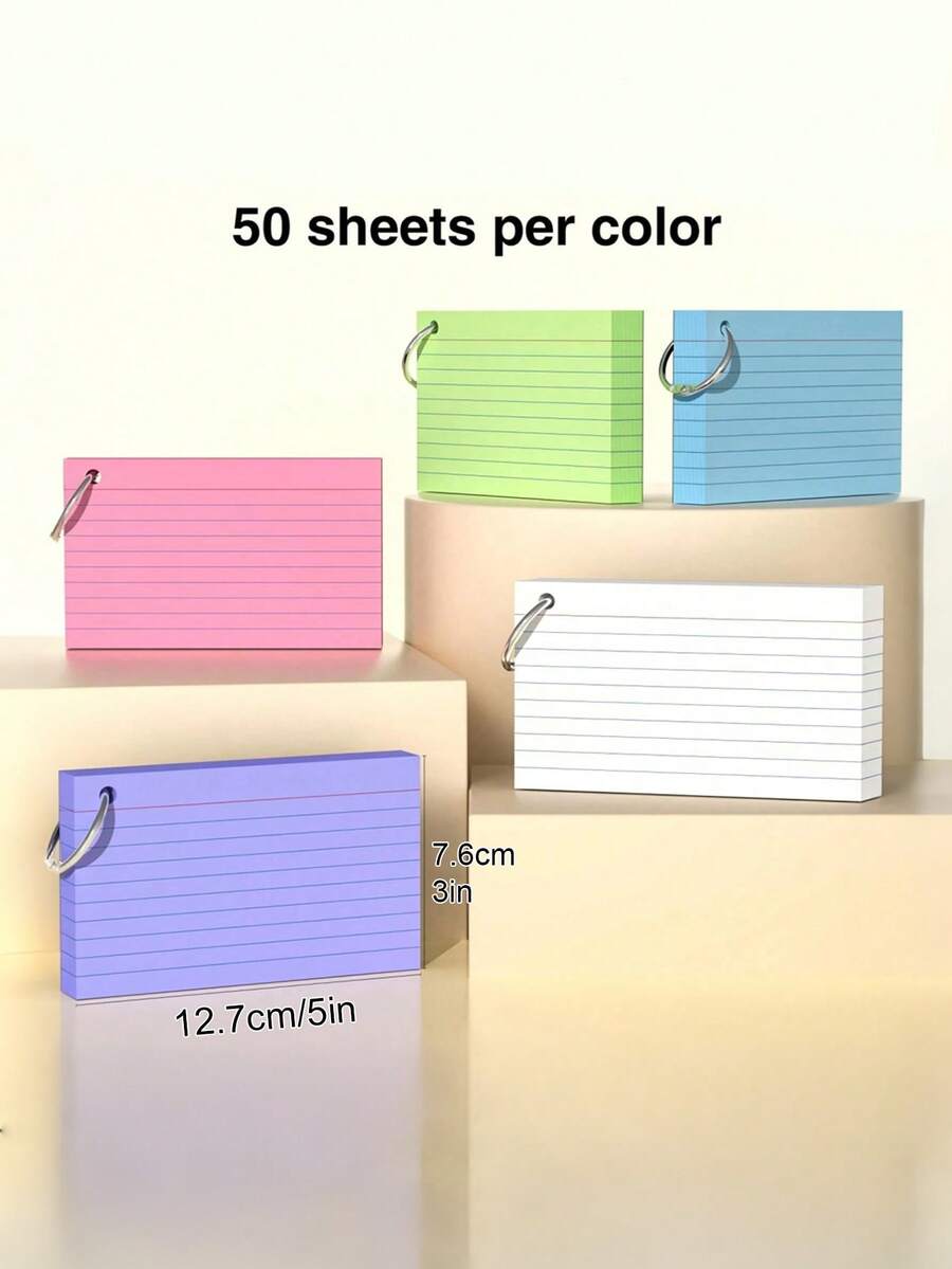 50 Pages/100 Sides Writable, 3-Inch Colorful Index Cards With Keychain, Durable Flashcards, 5 Colors Assorted (50 Cards Per Color), Portable Learning Note Cards, Back To School Essential - Multicolor - View 1