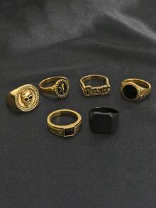 6 Piezas / Set Conjunto De Anillos De Diseño De Cráneo Y Letra Con Estilo De Moda Callejera Para Uso Casual Diario De Hombres, Estilo Punk - Amarillo Oro - Ver 4