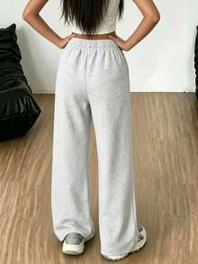 Cute Girls Wide Leg Sweatpants, Cartoon Cat Print Elastic Waist Loose Casual Everyday Long Pants - Light Grey - View 2