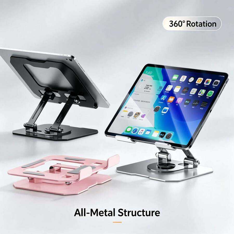 360° Rotating Full Metal Tablet Stand, Dual-Axis Height And Angle Adjustable Folding Phone Holder, Anti-Shake Stable Desktop Support, Suitable For Smartphones And Tablets, Applicable For Office, Home And Gaming And Other Multiple Scenarios