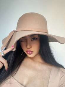 1件女款黑色圓頂英式復古歐美風羊毛氈寬邊帽，適合秋冬日常、度假、約會 - 杏色 - 查看 8