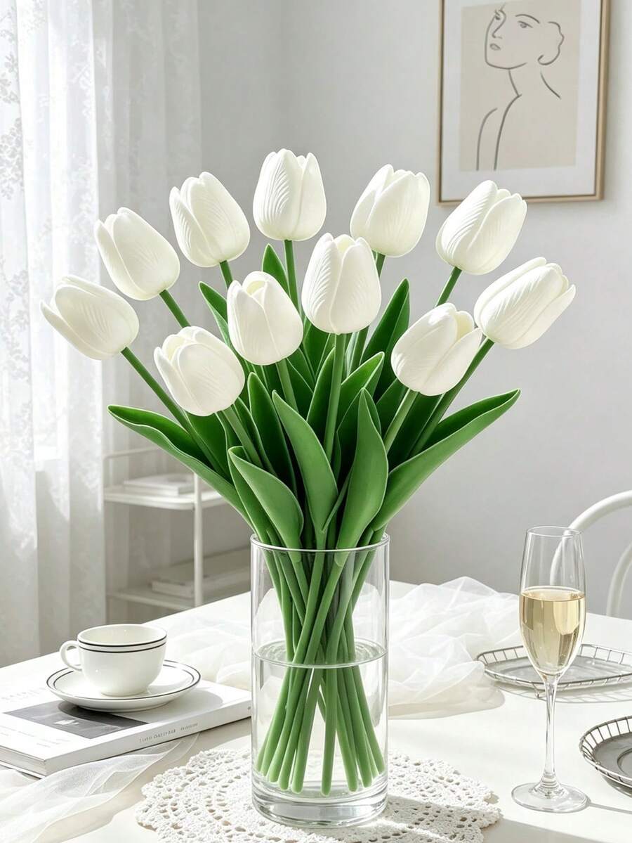 3/10/150pcs Realistic Touch Tulip Decorative Flowers, Home Decor Flowers, Wedding Bouquet, Suitable For Bouquets, Corsages, Wristlets, Wedding Arches, Party Decor, Gift Decor, Restaurant Tabletop Decor - White - View 1