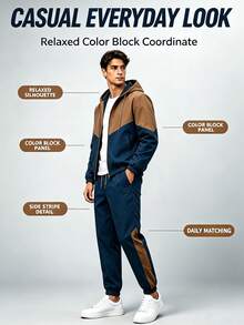 1 Set Men's Loose Brown & Navy Colorblock Sports Outfit, With Contrast Striped Joggers, Minimalist Street Style - Teal Blue - View 5