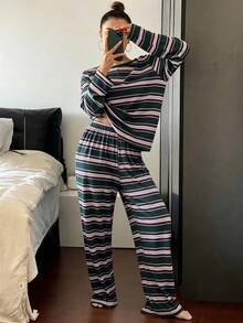 Fashion Colorblock Camisole & Shorts Pajama Set For Women, Summer Thin Ribbed Fabric 2-Piece Set, Soft Comfortable Casual Loungewear Suitable For Outdoor Wear - Multicolor - View 4