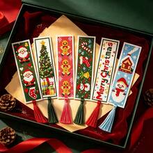 Christmas Theme Cross Stitch Bookmark 6pcs Set Full Material Kit 11CT Beginner Friendly Zero-Based Candy Cane Gingerbread Man Snowman House Print DIY Colorful Tassel Holiday Decoration Dual-Use Creative Gift - Multicolor - View 5