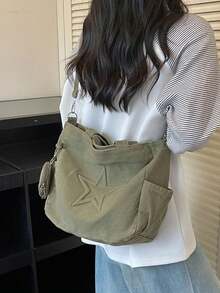 五角星壓紋工藝結合柔軟材質，休閒風手提斜跨托特包，女款日常出行包，雙手提搭配可調節斜跨肩帶多用途托特包 - 綠色 - 查看 6