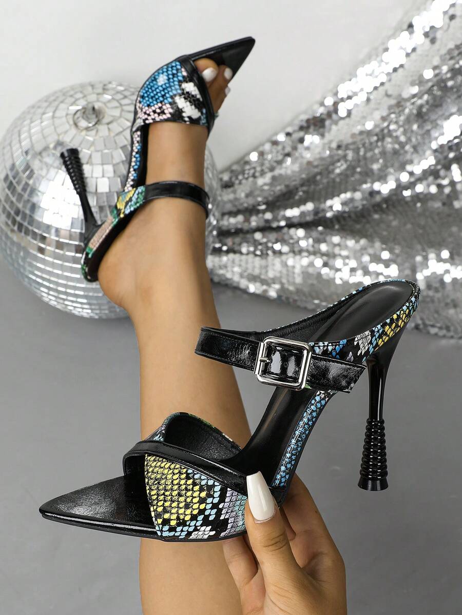 Sandalias de tacón alto con punta puntiaguda, correa cruzada y hebilla, moda primavera/verano - Verde - Ver 1